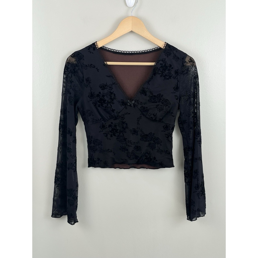 Floerns Long Sleeve Top Sheer Mesh Witchy Floral Crop Fairy Goth Sz Small